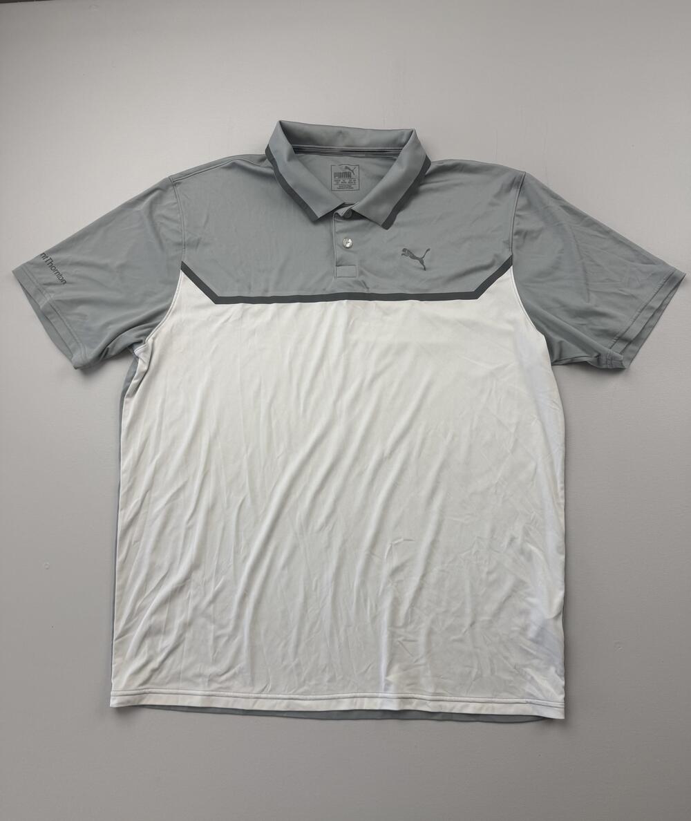Puma DryCELL Polo Shirt Mens Large Gray White Colorblock Golf Performance Knit